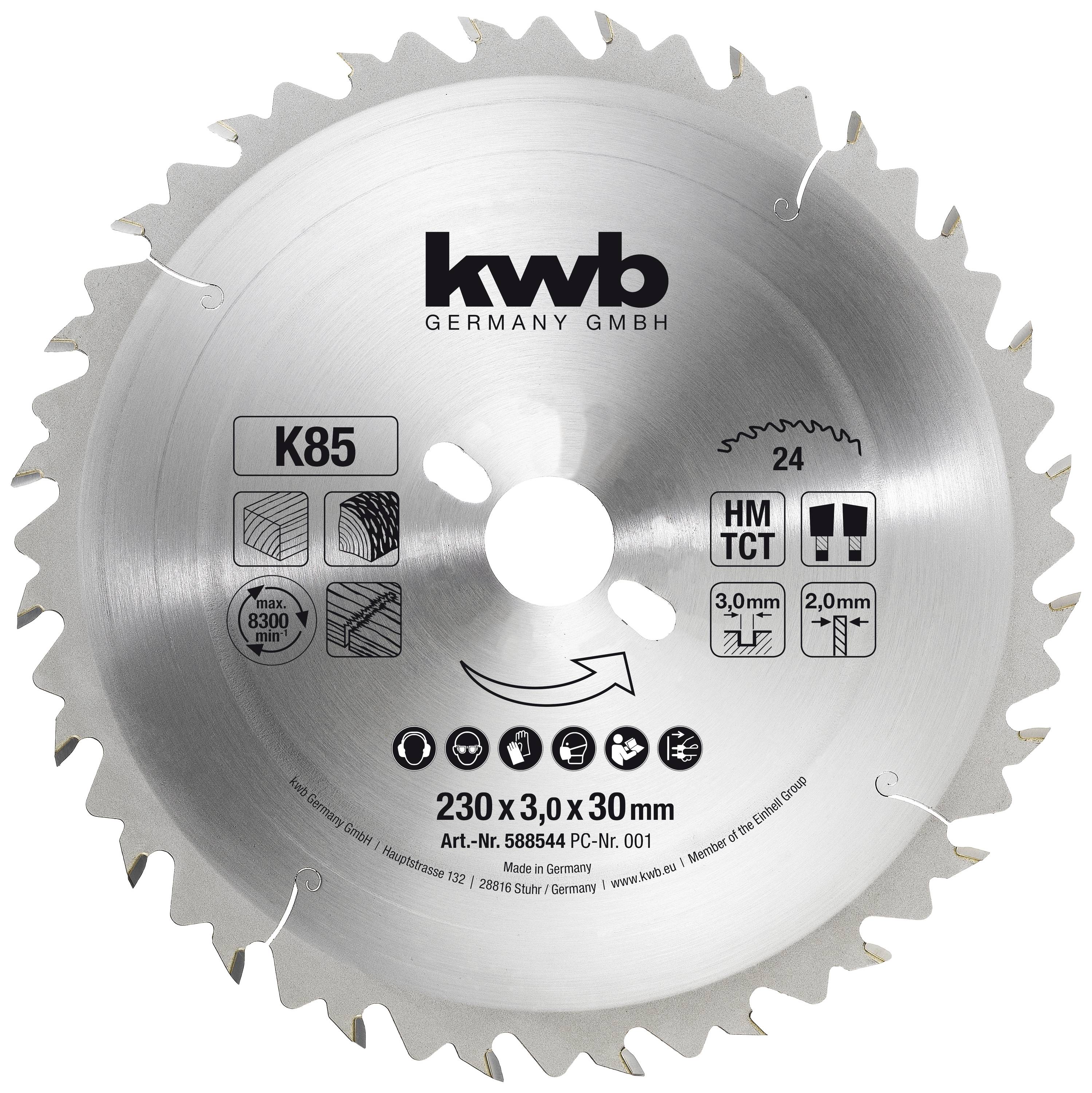 Lame de scie circulaire avec 24 dents. Inscription : « kwb Germany GmbH », « 230 x 3,0 x 30 mm ». Adaptée aux travaux sur bois.