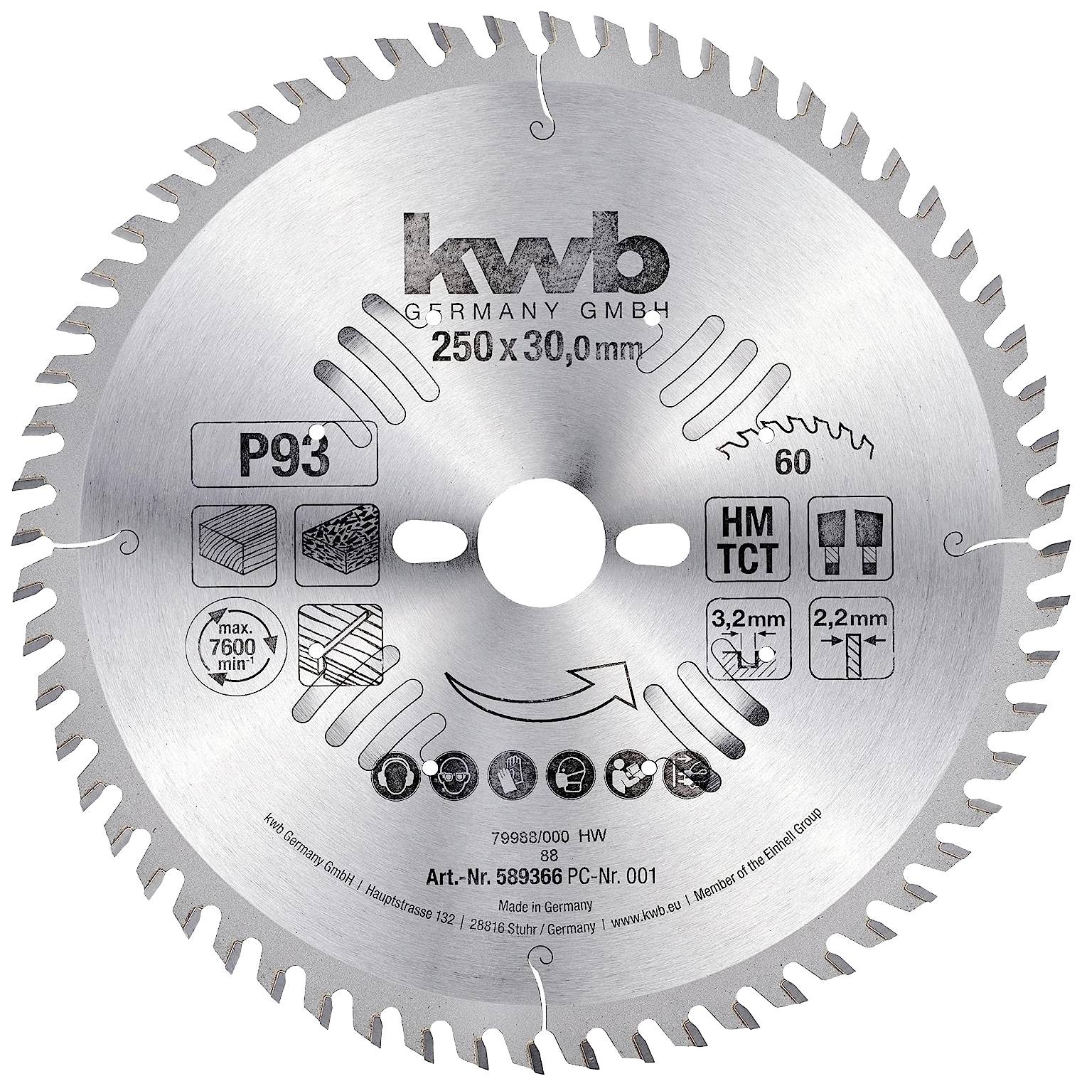 Lame de scie circulaire portant l'inscription « kwb Germany GmbH 250 x 30,0 mm ». Contient des symboles et des spécifications techniques comme P93 et 60 dents.