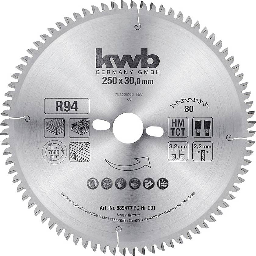 Lame de scie KWB, 250x30,0 mm, convenant au bois et au stratifié. Vitesse de rotation max. 7600 tr/min. 'Germany GmbH' et spécifications du produit.