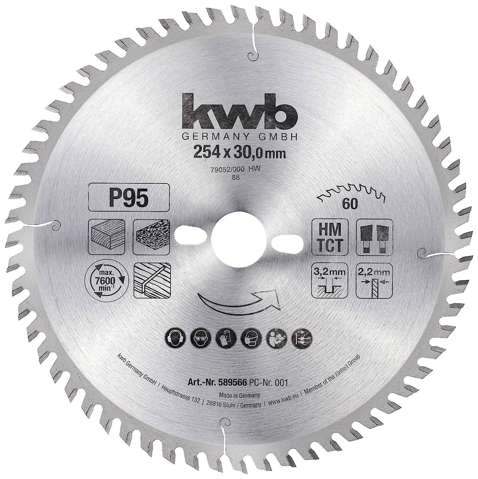 Lame de scie circulaire portant l'inscription 'kwb GERMANY GMBH, 254 x 30,0 mm'. Symboles pour bois, plastique, aluminium. Dents : 60.