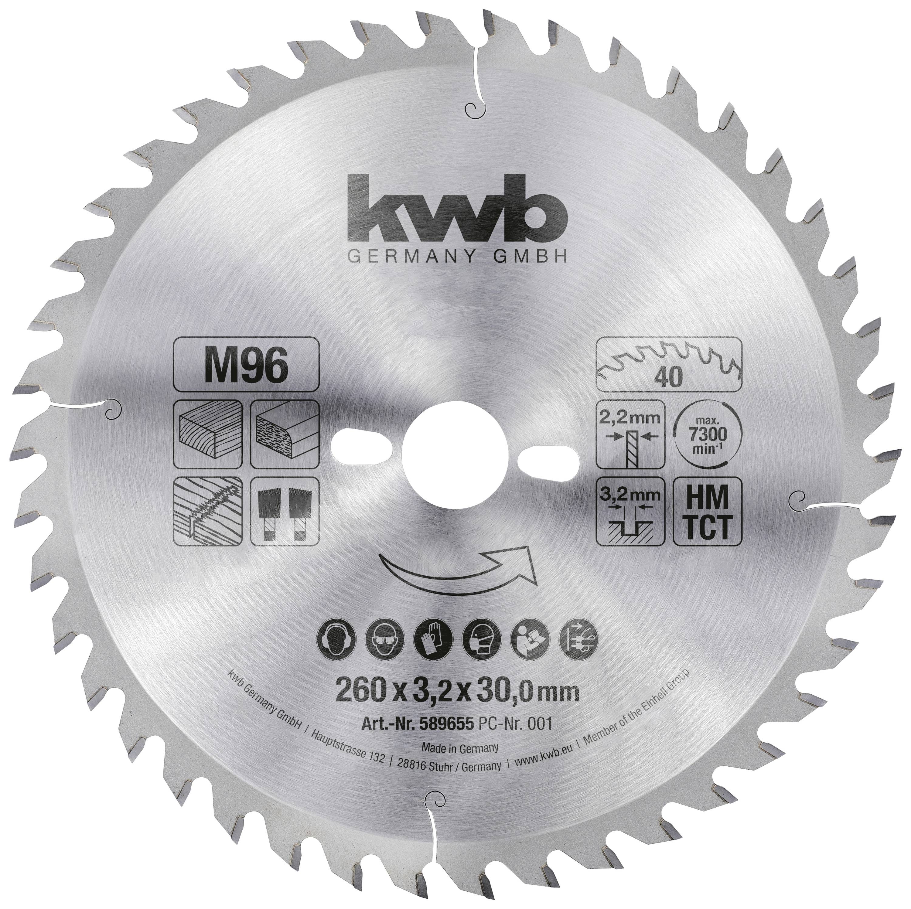 Lame de scie avec logo Kwb, adaptée pour le bois, le plastique et les métaux légers. Diamètre 260 mm, 40 dents, vitesse max. 7300 tr/min.