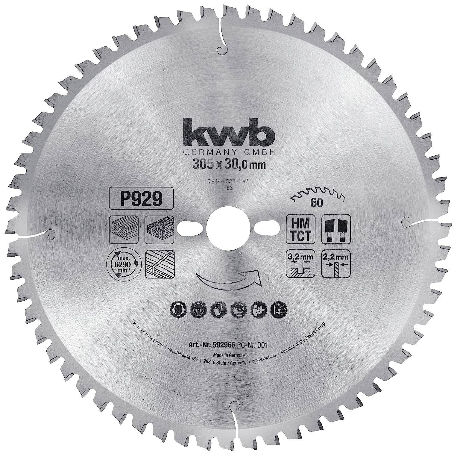 Lame de scie circulaire de la marque 'kwb Germany' aux dimensions 305 x 30,0 mm, adaptée aux travaux sur bois et de construction, 60 dents, référence article 592986.