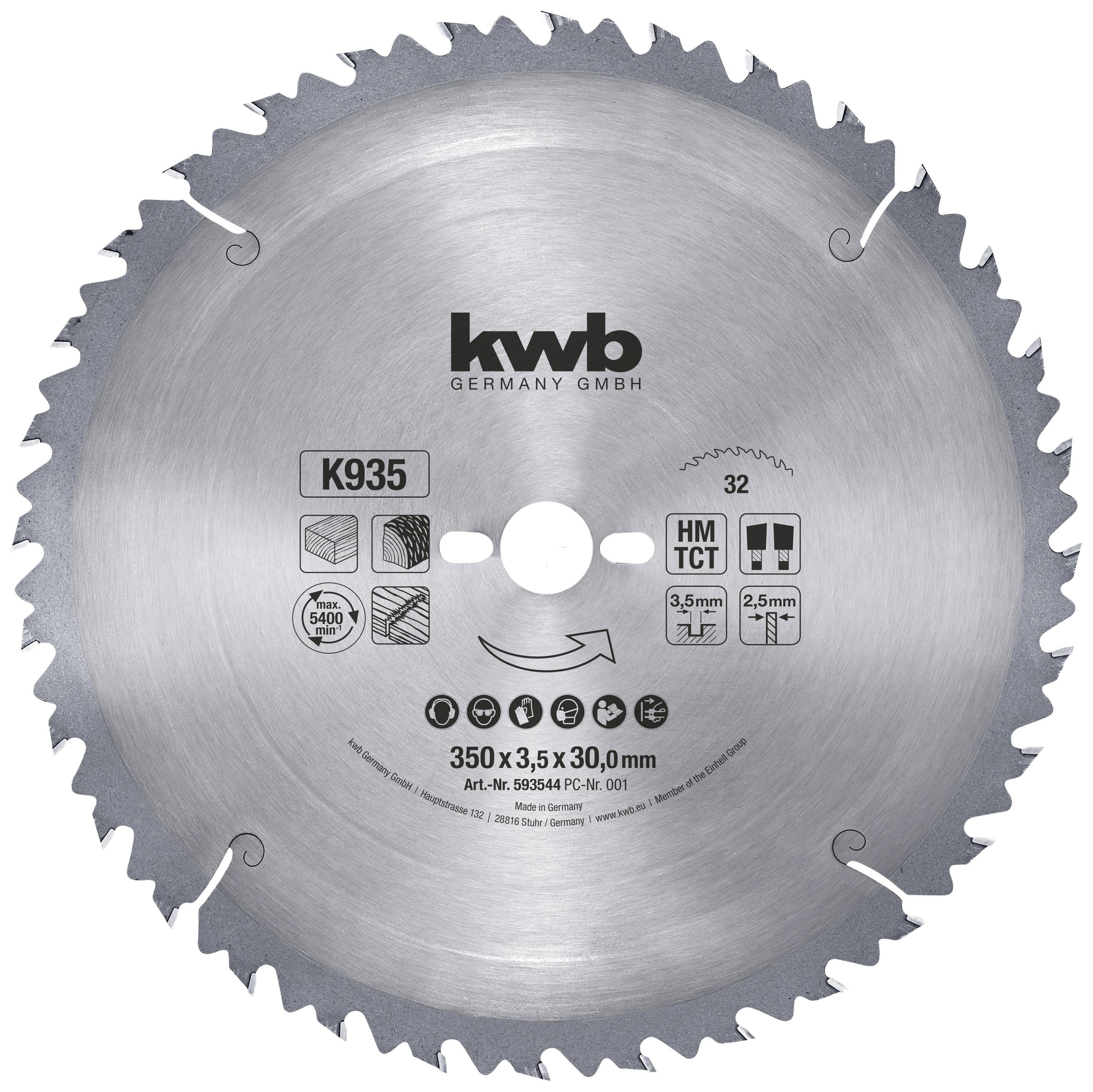 Une lame de scie circulaire dentelée sur le pourtour, portant l'inscription 'kwb GERMANY GMBH', 'K935', et des spécifications techniques telles que '350 x 3,5 x 30,0 mm'.