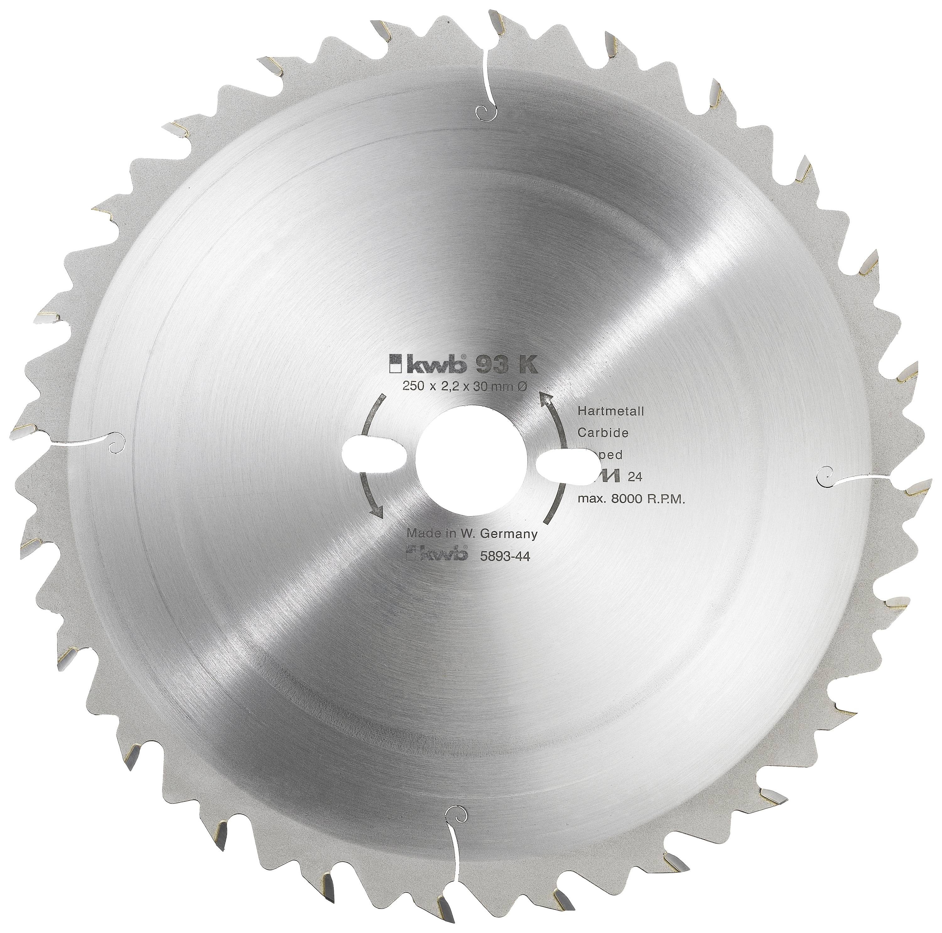 Lame de scie circulaire en métal à 24 dents. Les marquages indiquent le fabricant, les dimensions et la vitesse maximale de 8000 tr/min.