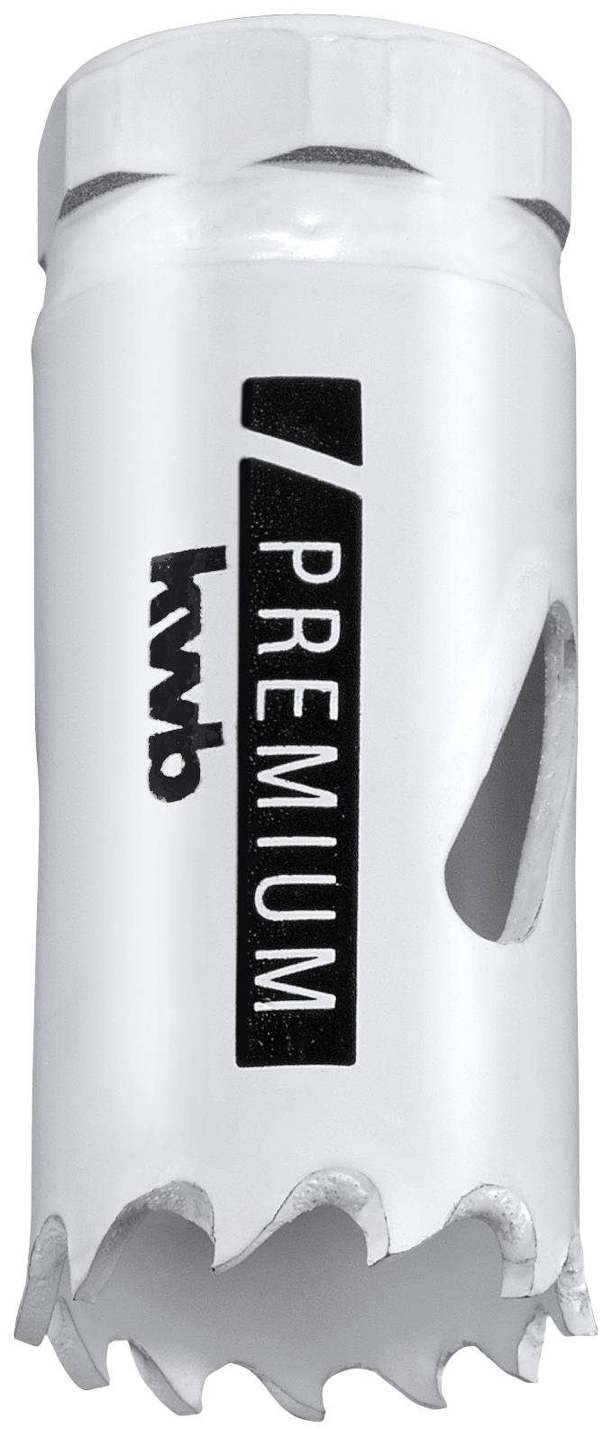 Une scie cloche blanche avec des bords dentelés et l'inscription 'kwb Premium'. Comprend une fente latérale pour l'évacuation des copeaux.