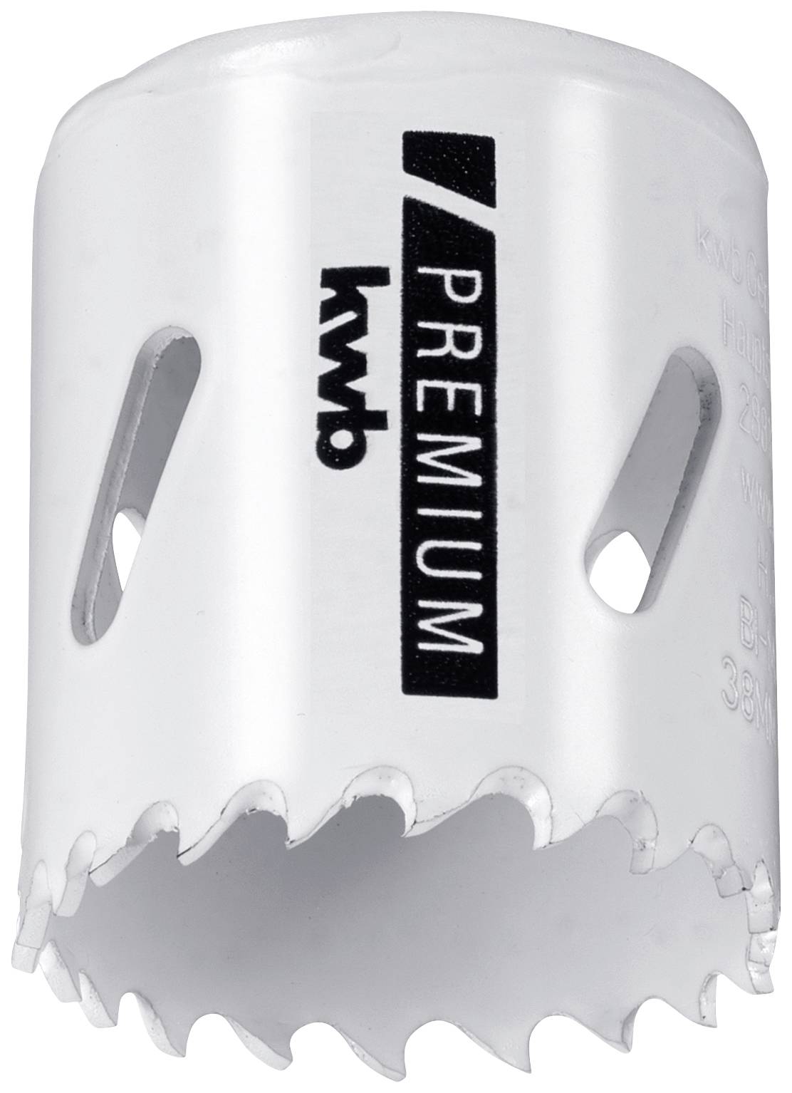 Scie-cloche métallique au boîtier blanc et aux dents tranchantes, avec le nom de marque 'kwb Premium' visible.