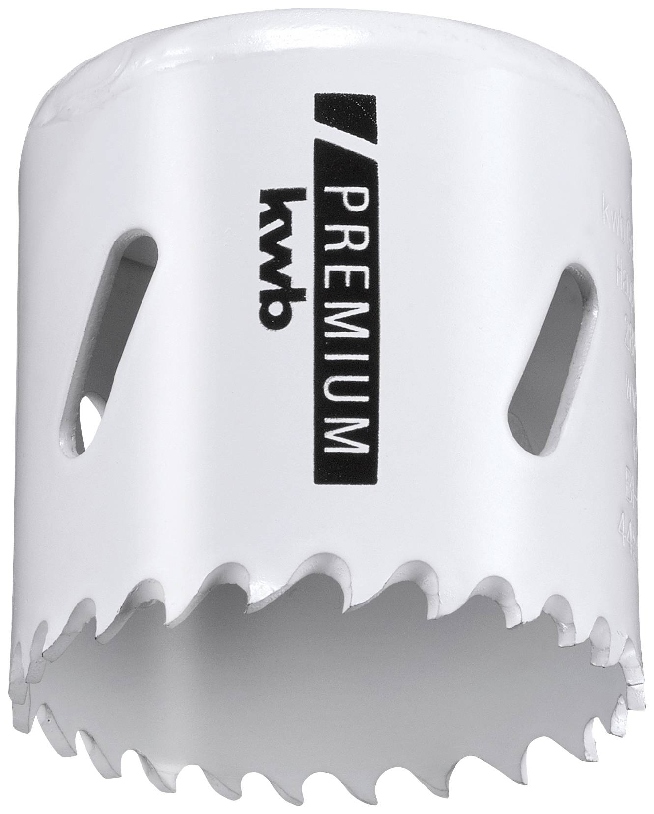Un trépan blanc avec un bord dentelé et portant l'inscription 'kwb Premium' sur sa surface, adapté pour le perçage de grands trous.