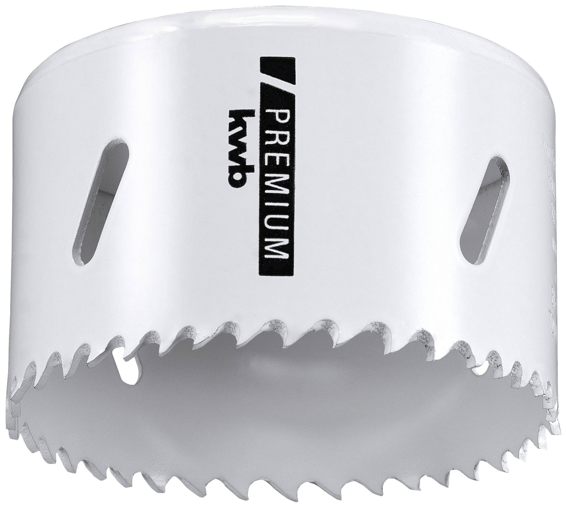 'Une couronne de sciage blanche aux dents acérées, marquée du logo 