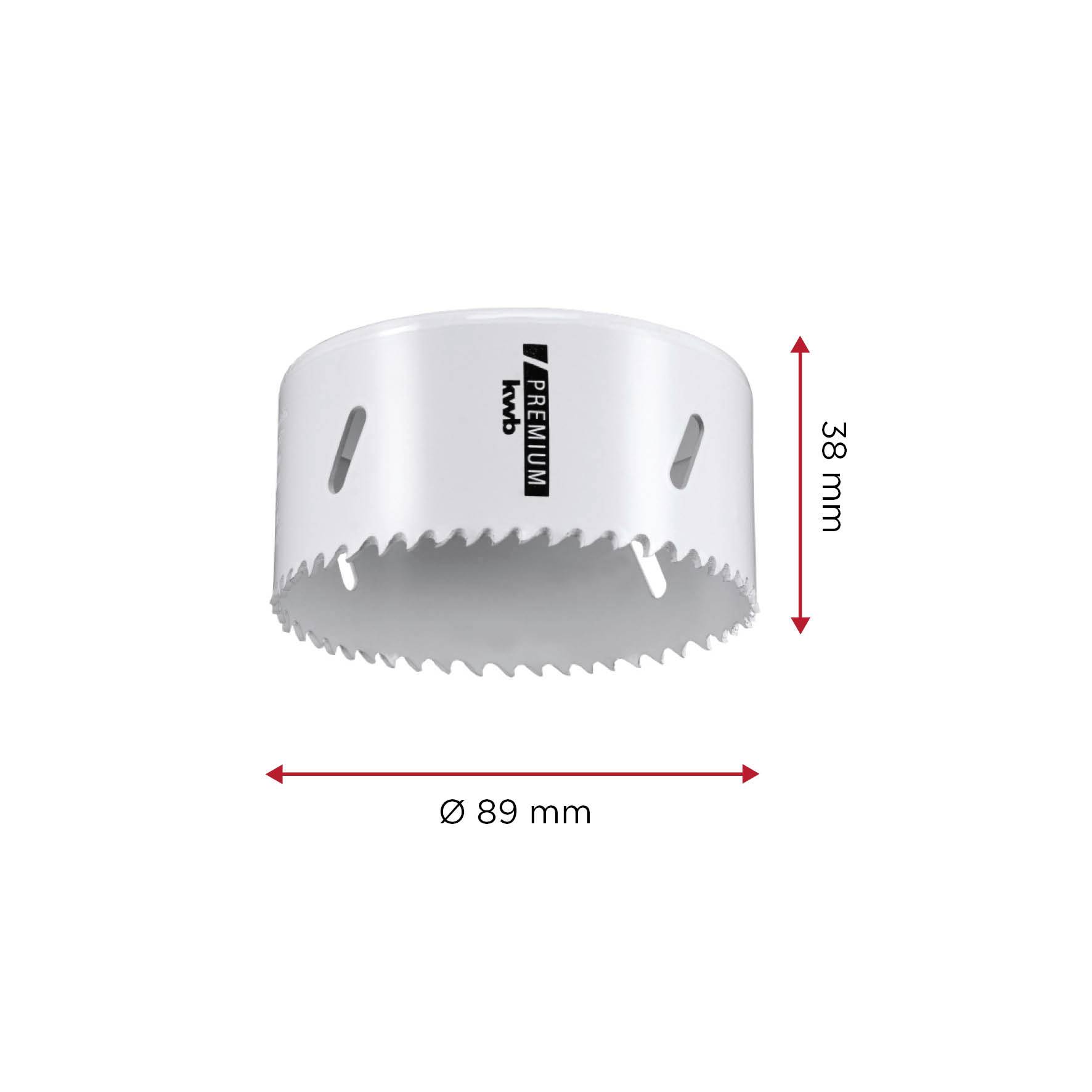 Scie cloche de diamètre 89 mm et de profondeur 38 mm, adaptée aux perçages dans le bois.