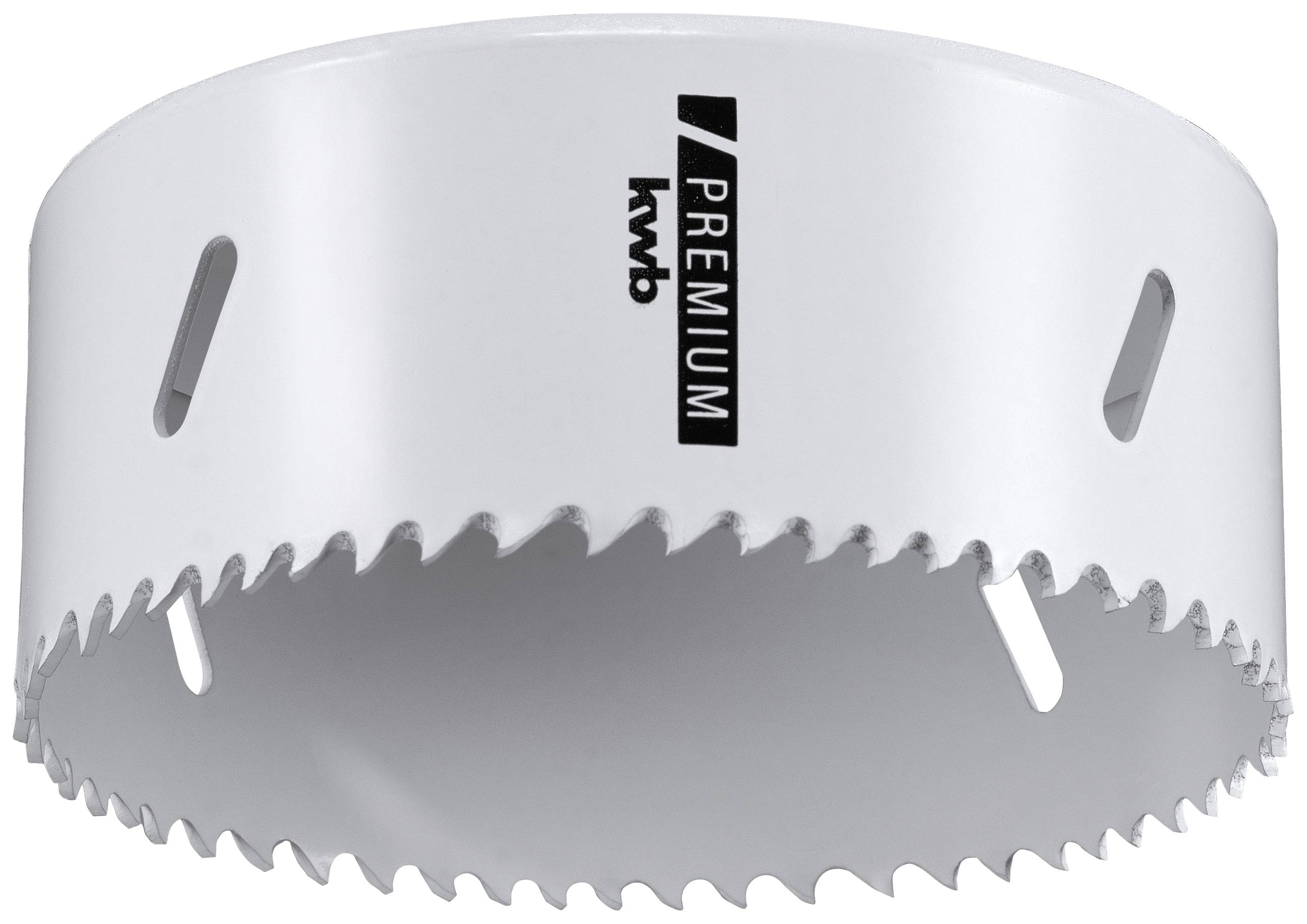 Scie cloche à dents aiguisées portant l'inscription 'kwb Premium', adaptée pour le perçage précis dans différents matériaux.