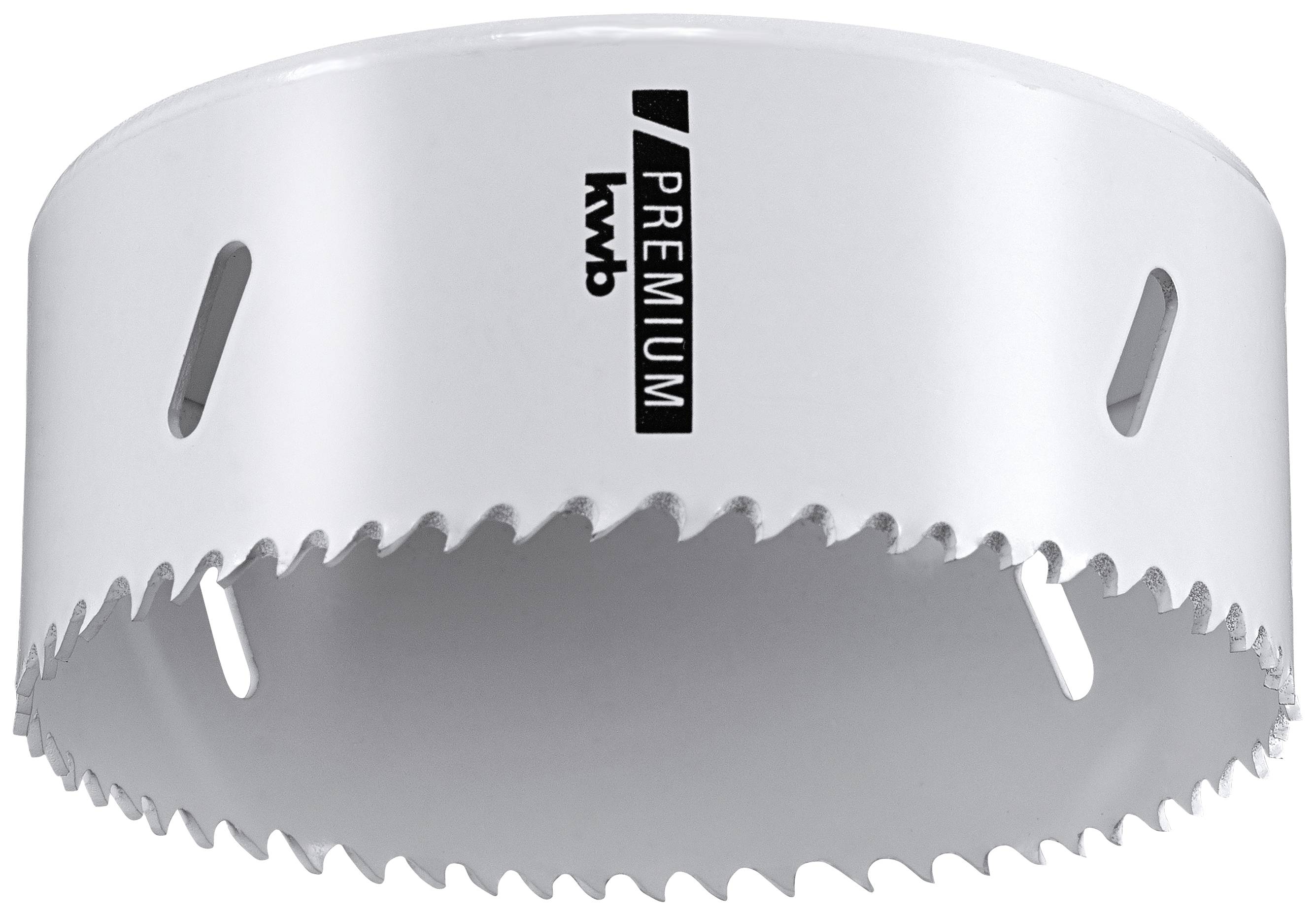 Lame de scie circulaire avec des dents tranchantes et le logo de marque 'kwb Premium' sur l'extérieur. Adapté pour le perçage précis dans le bois.