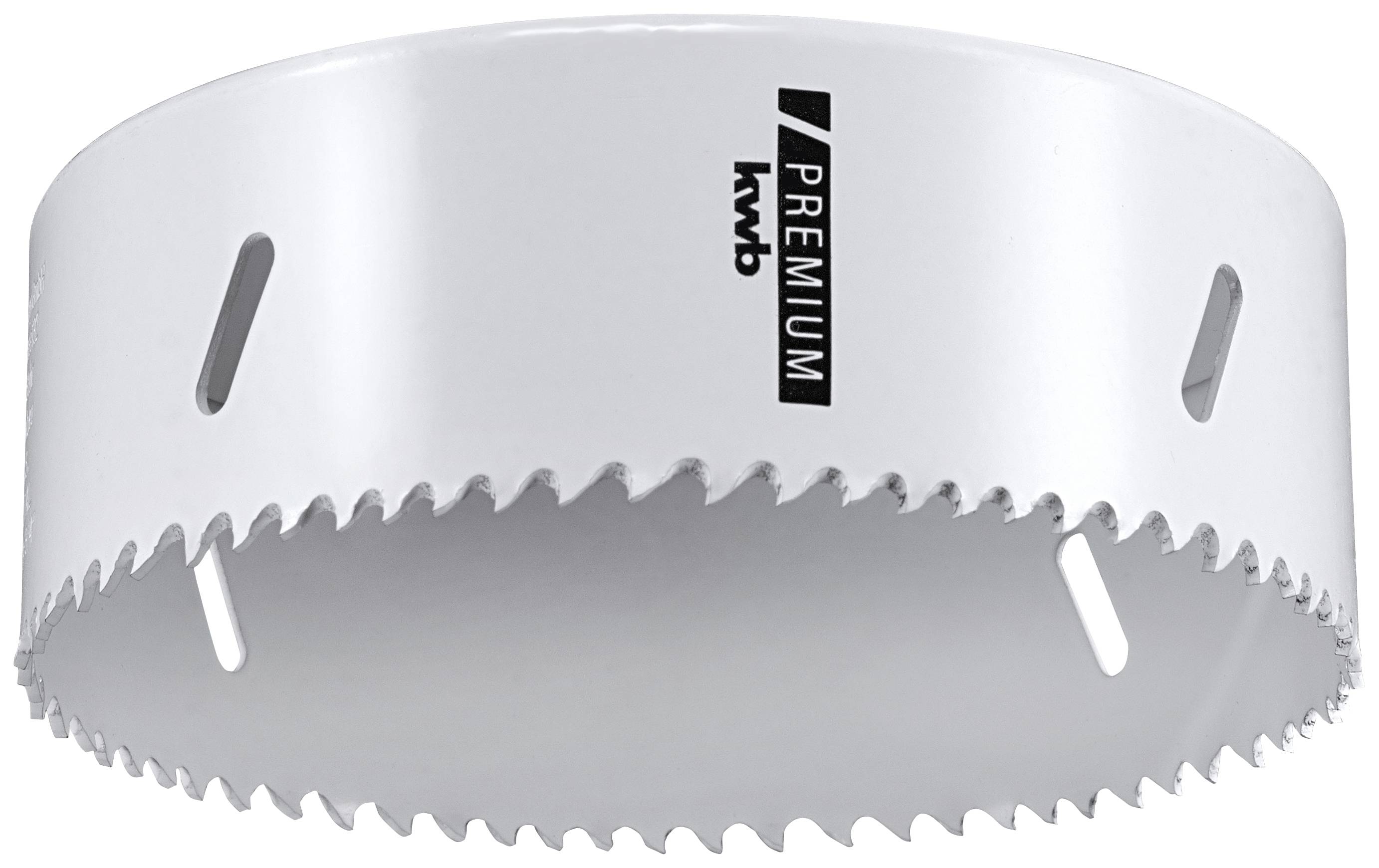 Scie cloche blanche avec des dents tranchantes en métal, portant l'inscription de marque 'kwb Premium'. Utilisée pour le perçage précis dans le bois ou le métal.