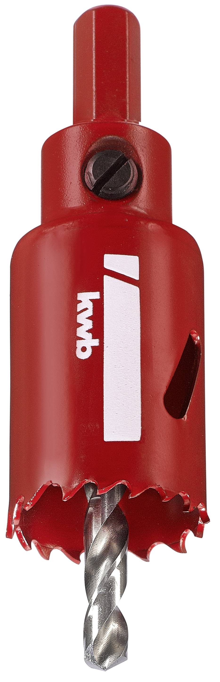 Scie-cloche rouge à foret central et bord dentelé pour découper des ouvertures circulaires dans divers matériaux.