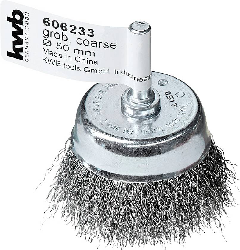 Brosse métallique avec fils métalliques, étiquette indiquant 'grossier, 50 mm', fabriquée en Chine.
