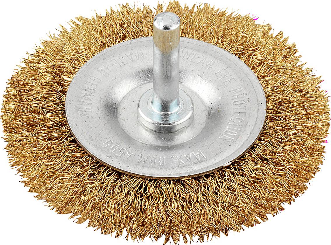 Brosse métallique ronde avec manche en métal, adaptée pour nettoyer et polir les surfaces. Idéale pour perceuses.