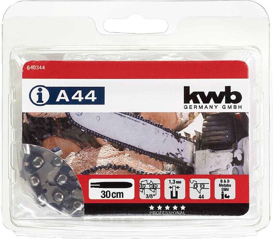 Emballage d'une chaîne de scie de marque 'KWB', longueur 30 cm, compatible avec certains modèles de tronçonneuses. Contient des détails sur la compatibilité.
