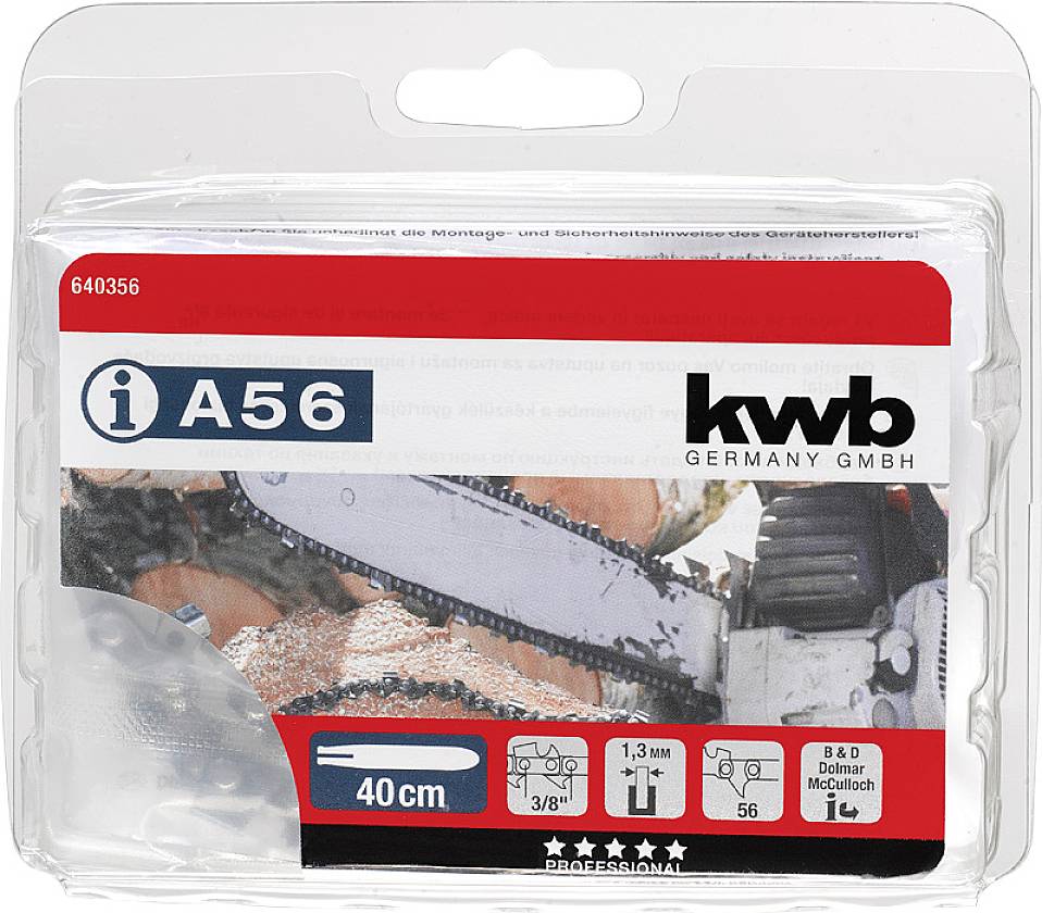 Chaîne de tronçonneuse dans son emballage de KWB Germany GmbH, longueur de 40 cm, pas de 3/8 pouce, épaisseur de 1,3 mm, compatible avec B&D, Dolmar, McCulloch.