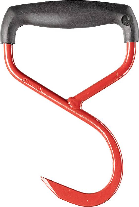 Un préhenseur en bois rouge avec une poignée noire ergonomique. Le préhenseur possède une extrémité recourbée, adaptée pour soulever des bûches de bois.