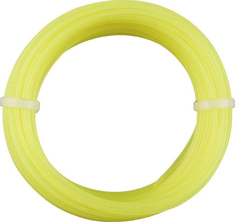 Bobine jaune en plastique, enroulée en spirale, sécurisée par deux attaches de câble.