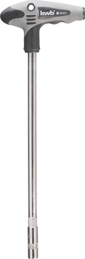 Une clé hexagonale à poignée en T en argent avec une tige longue et élancée et une poignée ergonomique bicolore.