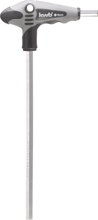 Une clé Allen à poignée en T grise avec une poignée noire, de taille 8 mm, est posée verticalement sur un fond blanc.