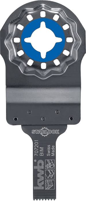 Lame de scie à connexion Starlock bleue en métal, adaptée à divers matériaux, fabriquée en Suisse.