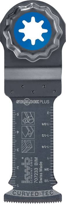 Lame de scie oscillante avec fixation Starlock Plus, marquages pour différentes profondeurs de coupe.