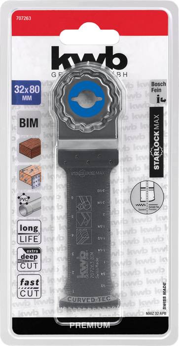 Emballage d'une lame de scie avec dents BIM, adaptée à la pierre, au plastique et au bois. Les dimensions et conseils d'utilisation sont illustrés.