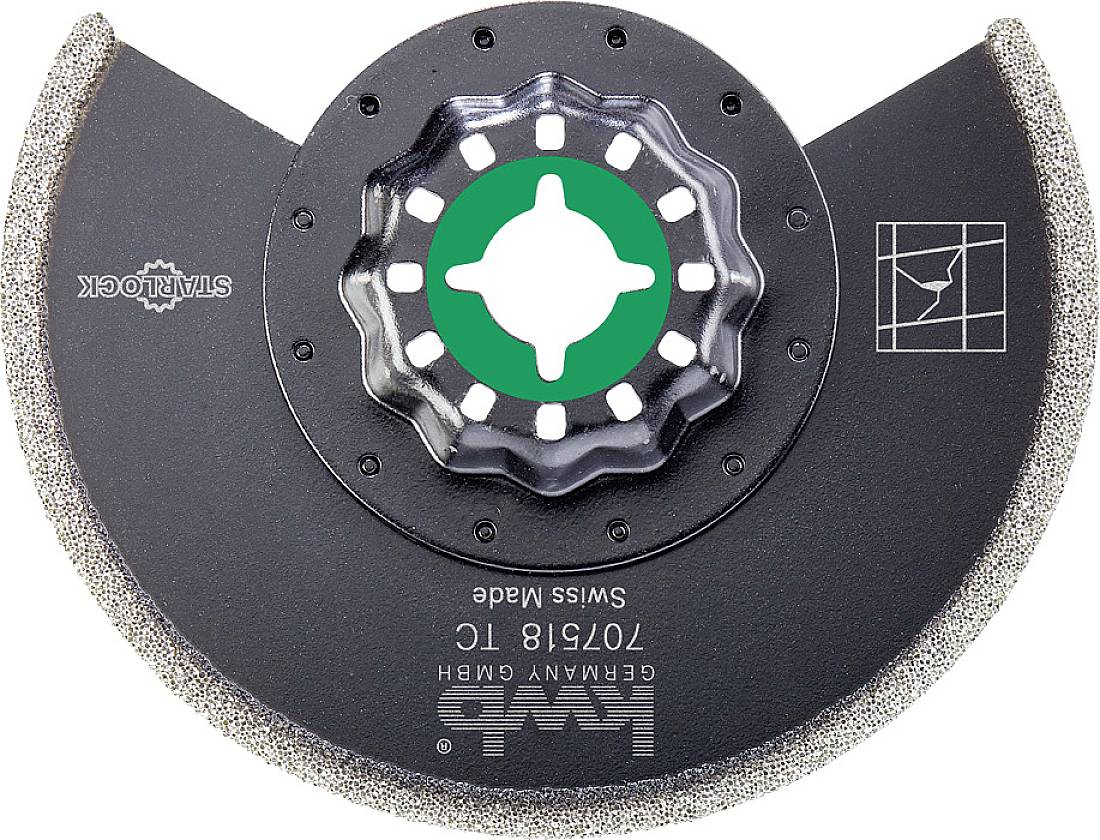 Disque à tronçonner avec bord dentelé, marqué d'un centre vert, affichant le logo de la marque et 'Made in Switzerland'.