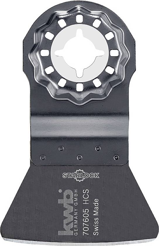 Une lame de scie Starlock noir et argent de kwb Germany, modèle 707605 HCS, fabriquée en Suisse, pour outils oscillants.
