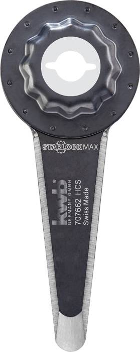 Lame de scie pour outil multifonction, marquée 'STARLOCK MAX'. Design métallique dentelé, adapté à divers travaux de coupe.