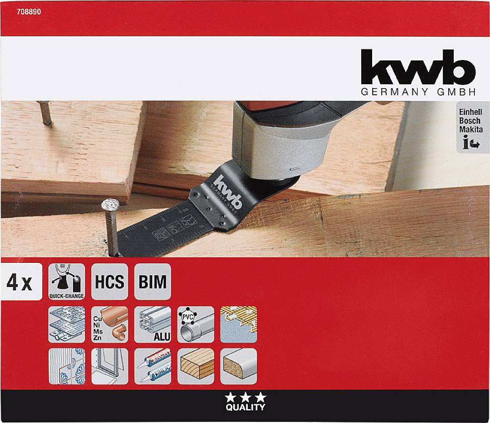 'kwb Germany GmbH' Emballage présente un ensemble de lames de scie. Compatible avec différents matériaux. Contient des logos de marque.