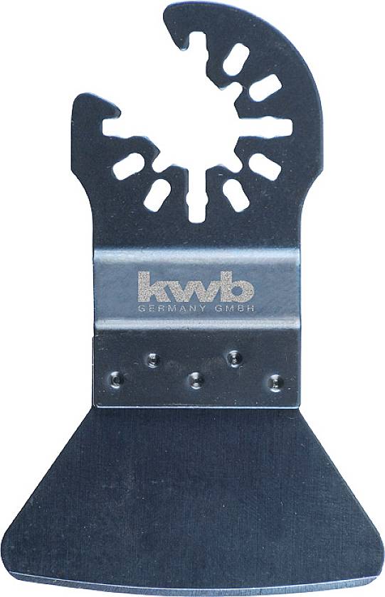 Lame de scie oscillante multifonction métallique portant l'inscription 'kwb GERMANY GMBH' au centre.