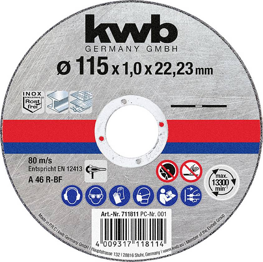 Disque à tronçonner de la marque 'kwb', diamètre 115 mm, épaisseur 1,0 mm, alésage 22,23 mm. Vitesse maximale 80 m/s, adapté pour l'inox.