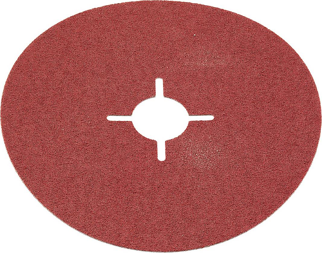 Disque abrasif rouge, circulaire, avec une fente cruciforme centrale permettant sa fixation sur une machine, adapté aux travaux de meulage.
