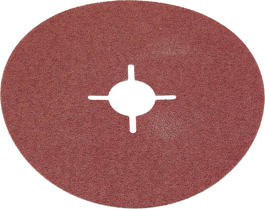 Un papier abrasif brun-rouge au format circulaire, percé d'un trou central servant à sa fixation sur une machine à poncer.