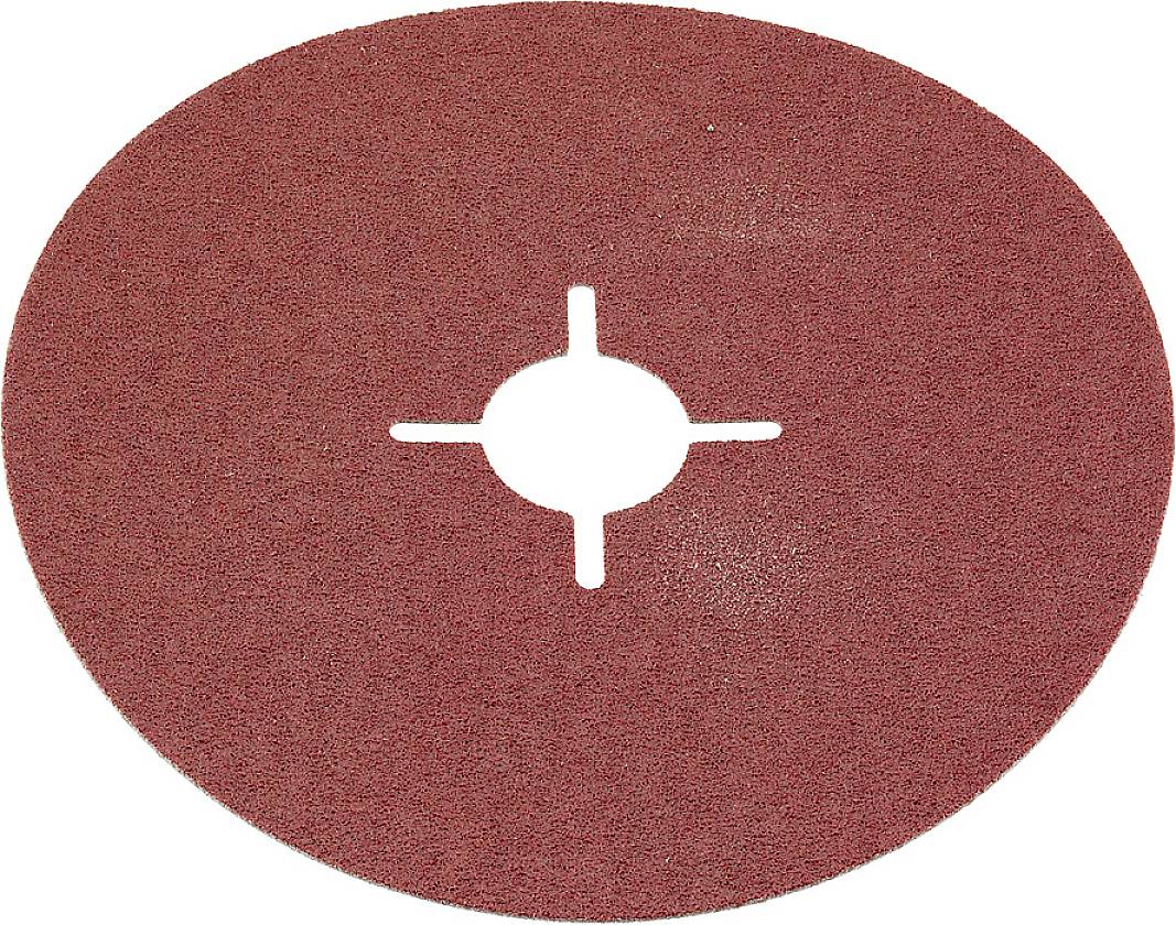 Un disque abrasif rond et rouge avec une découpe cruciforme au centre, sur un fond blanc.