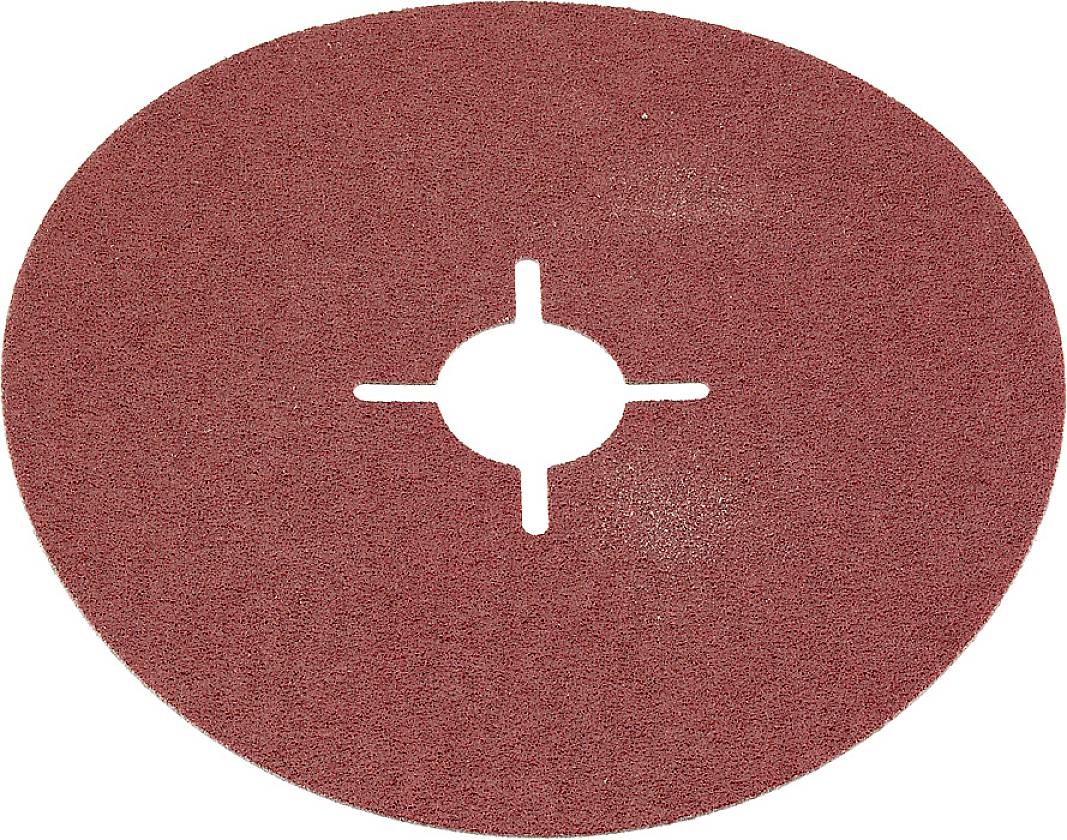 Une meule abrasive rouge avec un trou médian et des entailles cruciformes autour du centre. Utilisée pour les machines de traitement de surface.