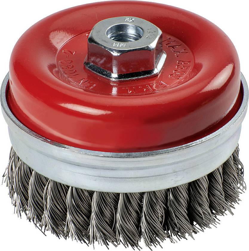 Brosse métallique rouge avec embout hexagonal pour meuleuses, adaptée au nettoyage de surfaces.