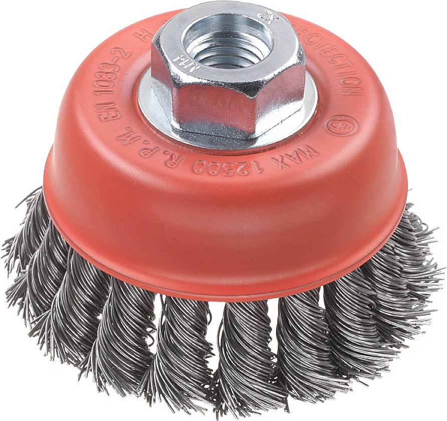 Brosse métallique ronde avec boîtier en plastique rouge et poils métalliques, adaptée au nettoyage de surfaces.