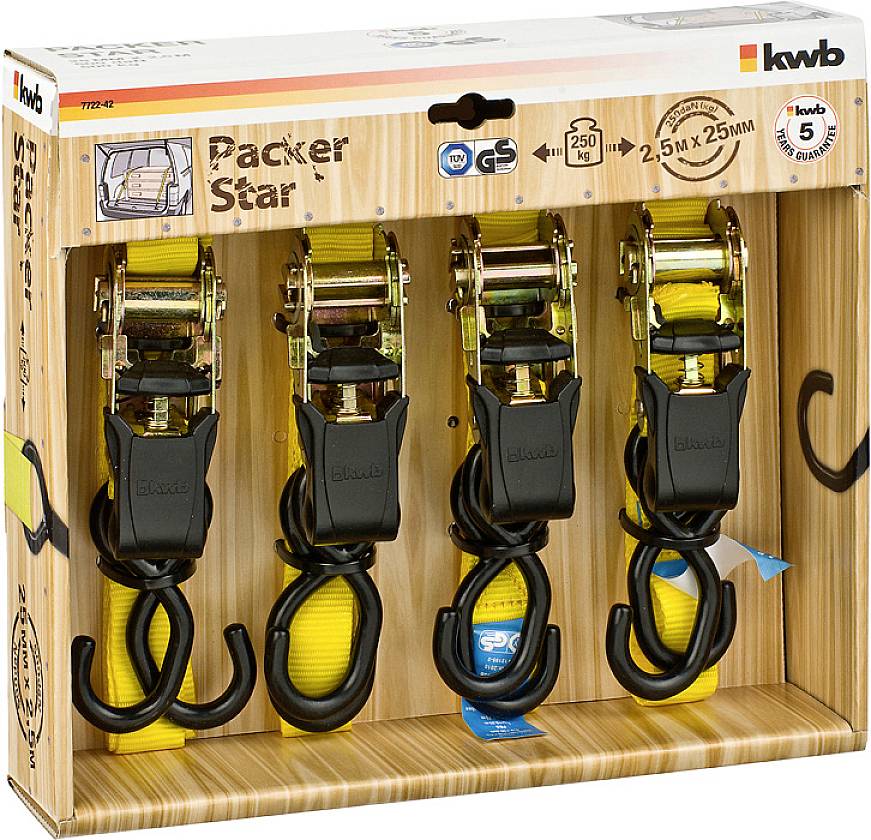Quatre sangles de tension jaunes 'Packer Star' avec cliquet et crochets, résistantes jusqu'à 250 kg, longueur 1,5 m, emballées dans un coffret aspect bois.