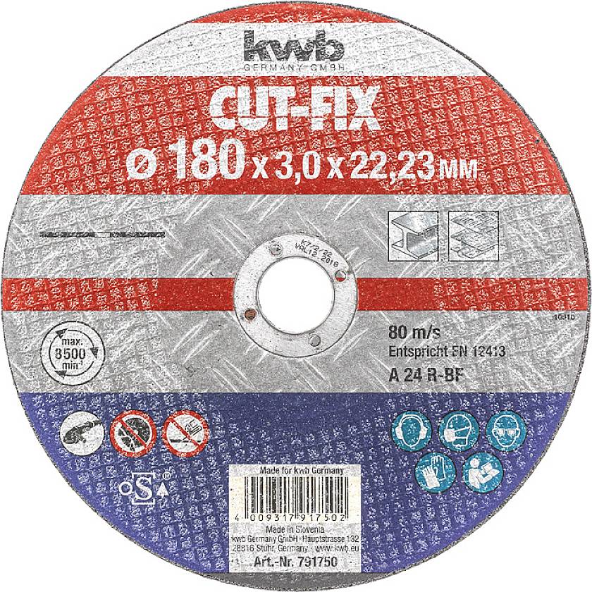 Disque à tronçonner portant l'inscription 'CUT-FIX, 180 x 3,0 x 22,23 mm', adapté pour les métaux. Fabricant : KWB. Vitesse : 80 m/s.