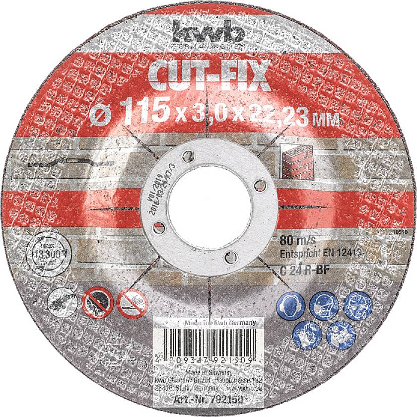 Disque à tronçonner 'CUT-FIX', diamètre 115 mm, épaisseur 3 mm, alésage 22,23 mm. Vitesse périphérique maximale 80 m/s, norme EN 12413.