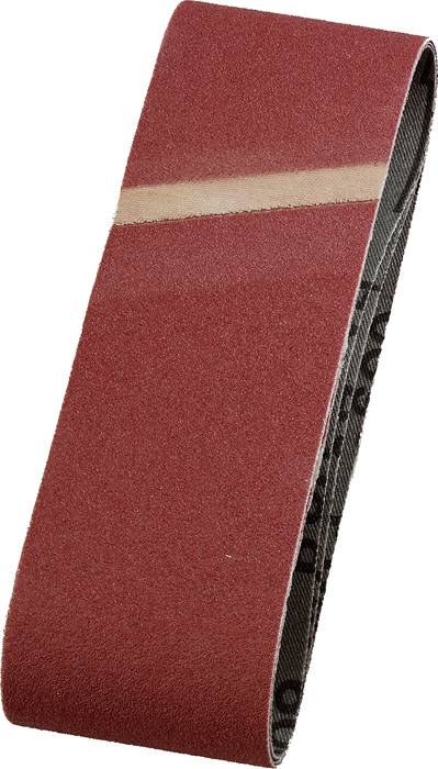 Une bande abrasive en papier de verre rouge avec une bande centrale plus claire, adaptée aux ponceuses.