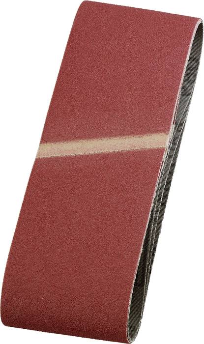 Bande abrasive rouge de forme ovale, légèrement inclinée en diagonale, avec une couture médiane bien visible.