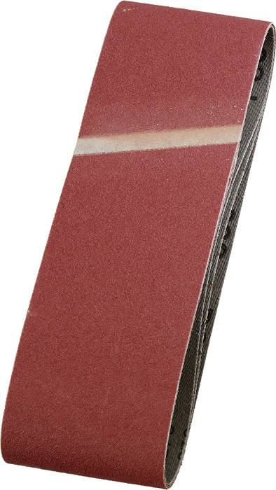 Une bande abrasive rouge, de forme ovale, pour ponceuse à bande. Elle possède un grain grossier pour le ponçage de surfaces en bois ou en métal.
