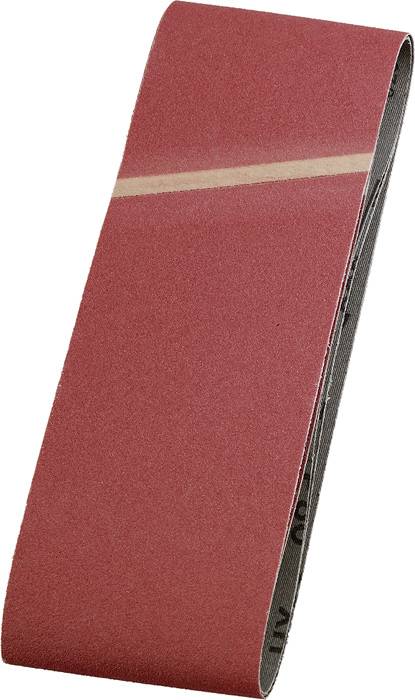 Bande abrasive rouge en forme de boucle, souvent utilisée pour les ponceuses à bande ; présente des particules abrasives fines pour les travaux sur bois ou métal.