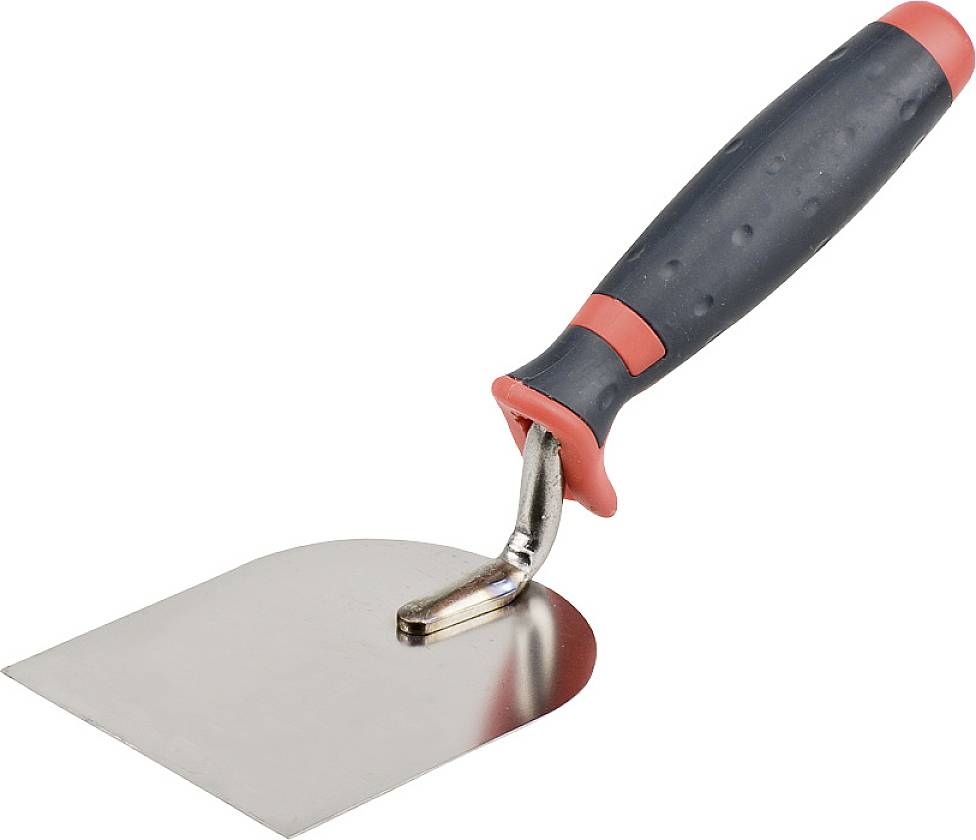 Une spatule plate en métal avec un manche noir et des accents rouges, utilisée pour lisser ou enduire des surfaces.
