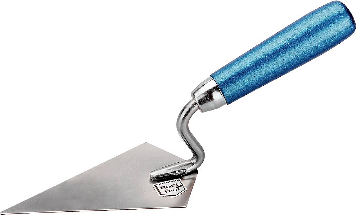 Truelle à poignée bleue avec une pointe triangulaire en métal, utilisée pour les travaux de maçonnerie ou le travail du mortier.