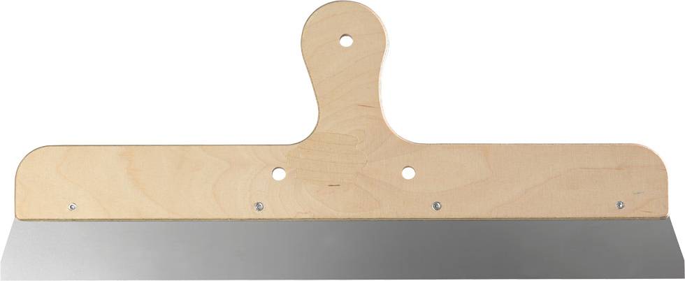 Une grande spatule à manche en bois et lame en métal, utilisée pour lisser ou étaler des matériaux sur des surfaces.